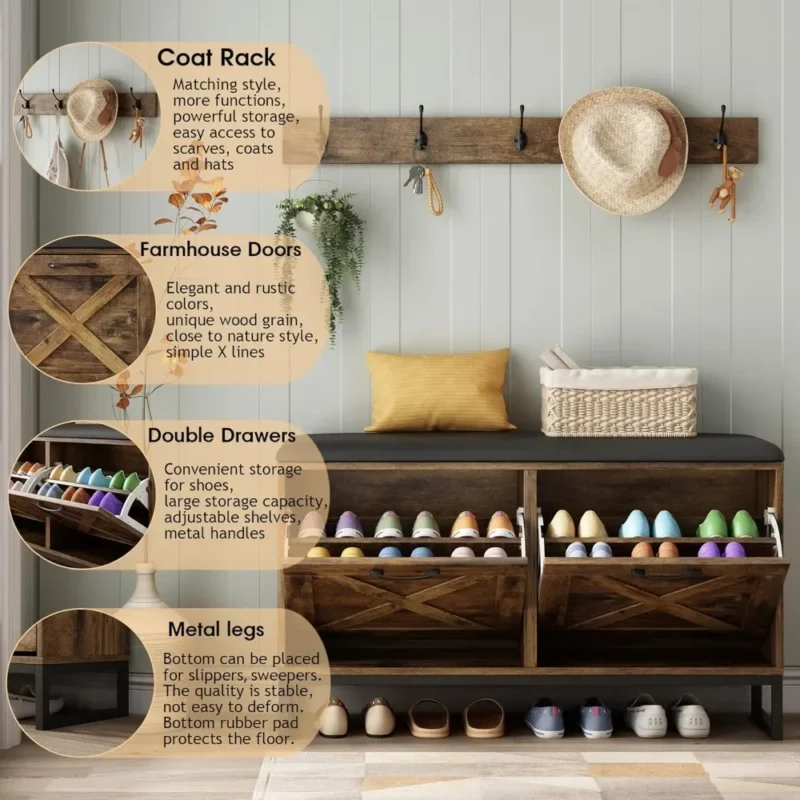 Modern Wood Entryway Bench with Shoe Storage and Coat Rack - Image 3