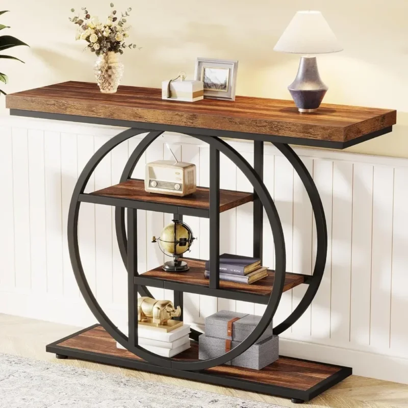 Industrial Wood Entryway Console Table with Storage Shelves and Metal Circle Base - Image 3