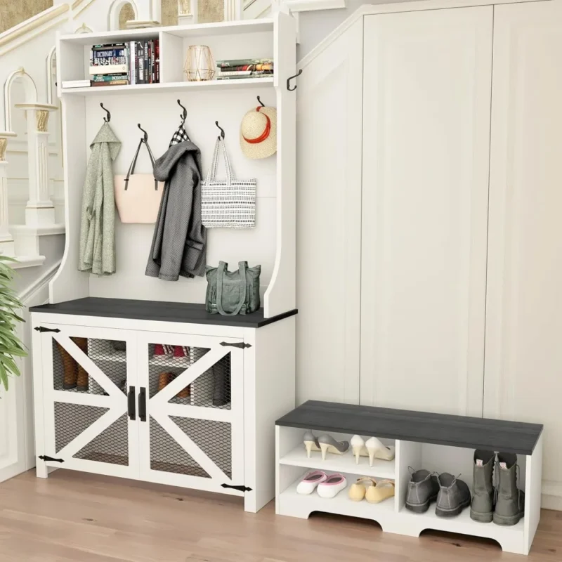 Farmhouse Hall Tree with Shoe Storage and Coat Hooks for Entryway and Mudroom - Image 2