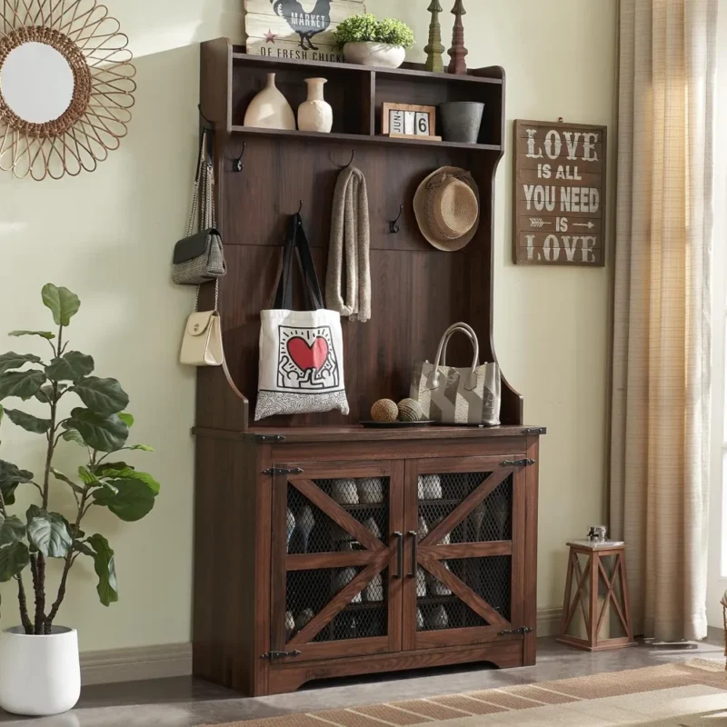 Farmhouse Wood Hall Tree with 12 Shoe Cubbies and 7 Coat Hooks for Entryway