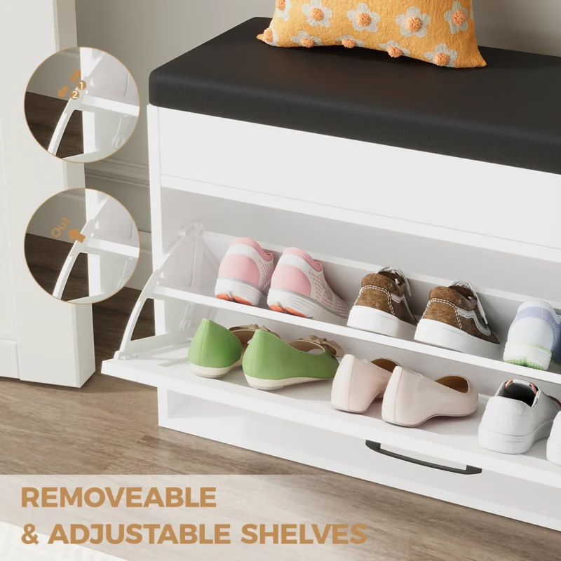 Modern 3-Compartment Entryway Shoe Bench with Flip Drawer for Hallway - Image 5