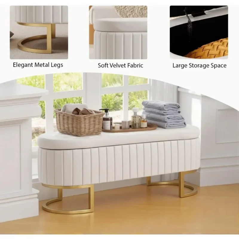 Modern Velvet Upholstered Storage Bench with Gold Legs for Entryway and Living Room - Image 5