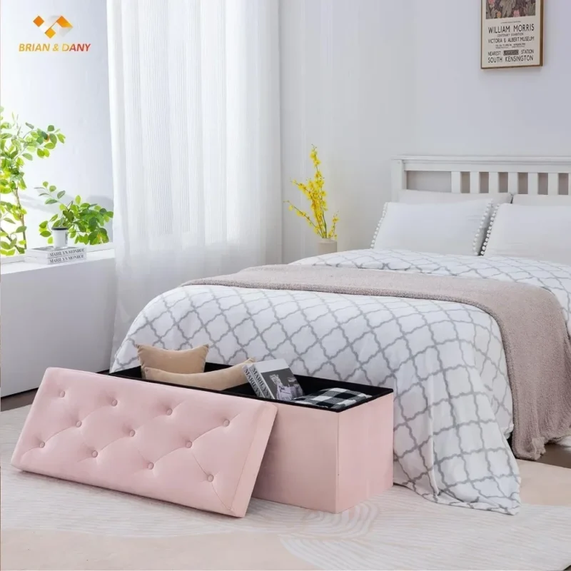 Modern Velvet Folding Storage Ottoman Bench with Hidden Compartment for Living Room Entryway