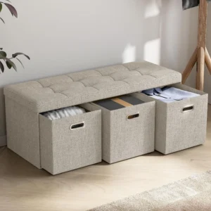Modern Tufted Linen Storage Ottoman Bench with 3 Drawer Cubes for Living Room