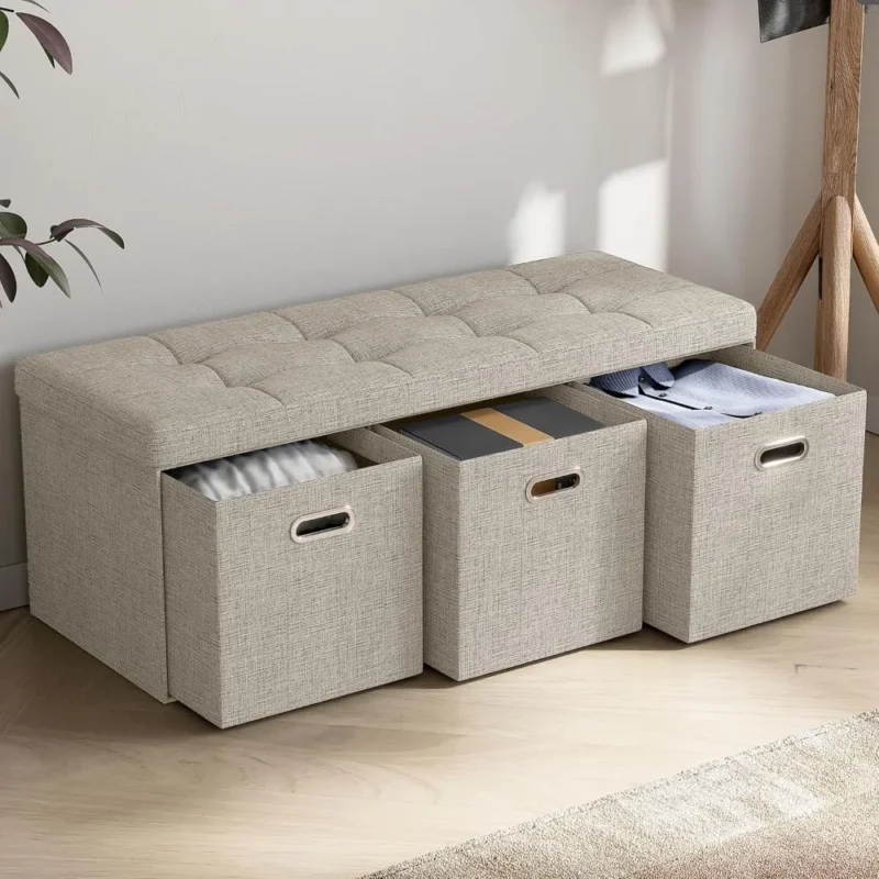 Modern Tufted Linen Storage Ottoman Bench with 3 Drawer Cubes for Living Room