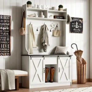 Industrial Hall Tree Bench with 5-in-1 Storage Solution for Entryway Organization