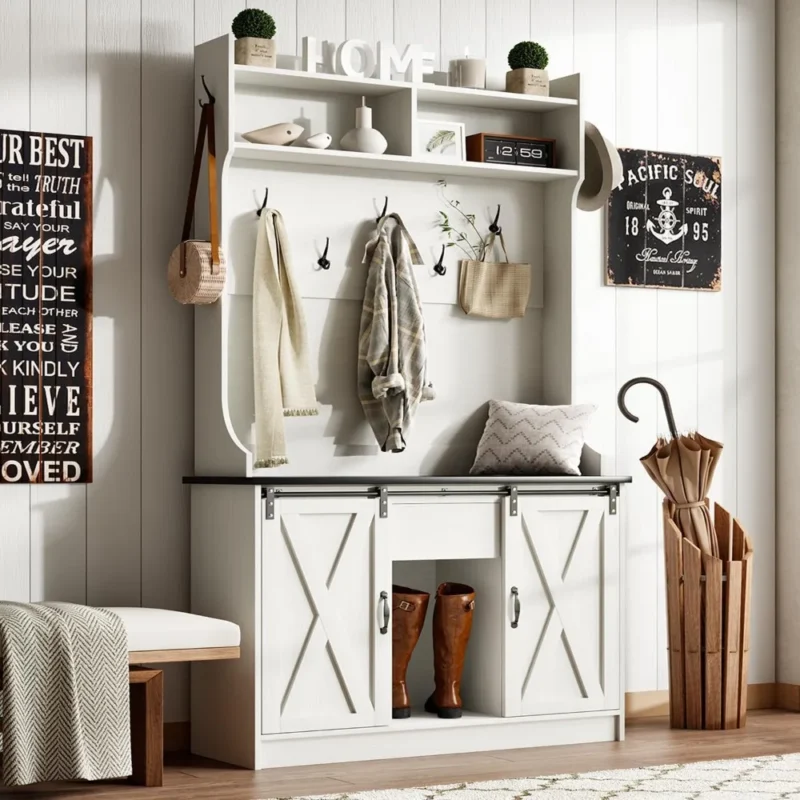 Industrial Hall Tree Bench with 5-in-1 Storage Solution for Entryway Organization