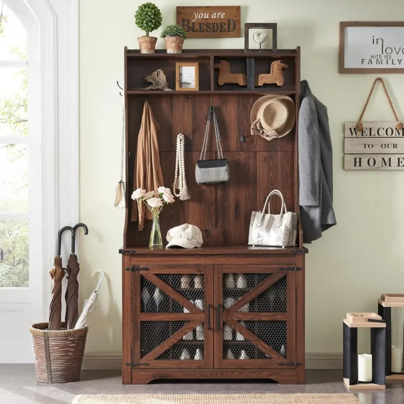 Farmhouse Wood Hall Tree with 12 Shoe Cubbies and 7 Coat Hooks for Entryway - Image 2