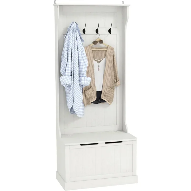 Rustic Wood Hall Tree with Coat Hooks and Shoe Storage Bench for Entryway - Image 6