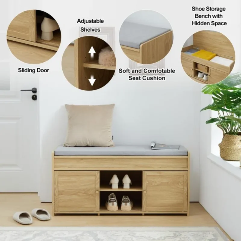 Transitional Storage Entryway Bench with Sliding Doors and Hidden Compartment for Hallway and Bedroom - Image 4