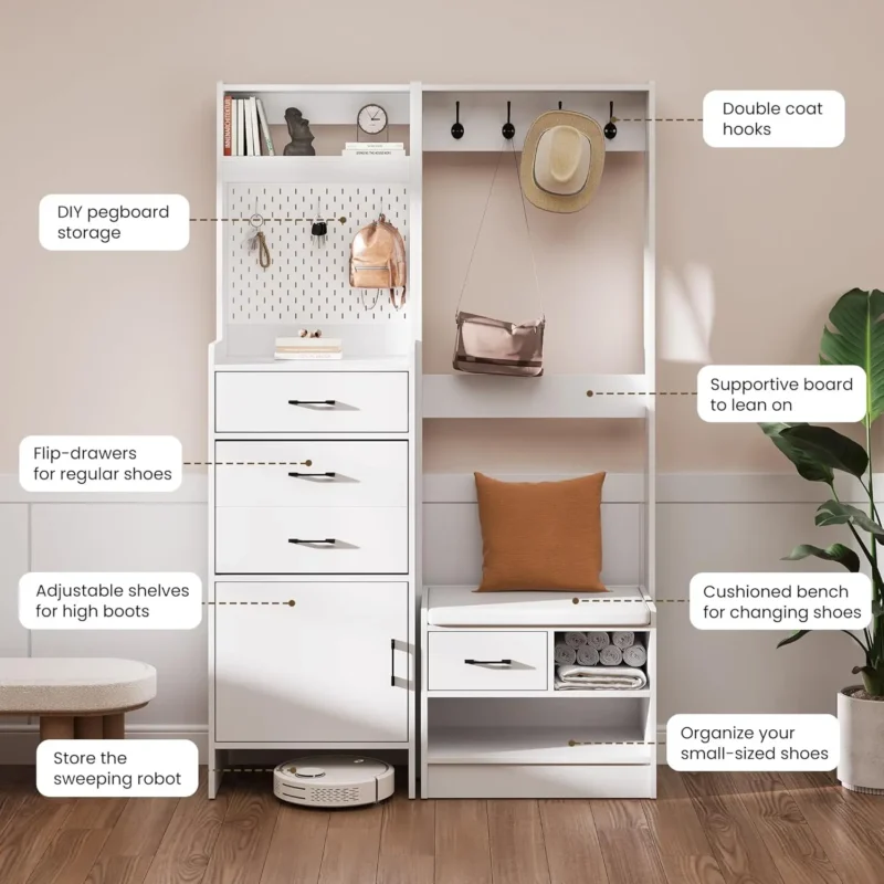 Modern Hall Tree Entryway Bench with Coat Rack and Hidden Shoe Storage - Image 3