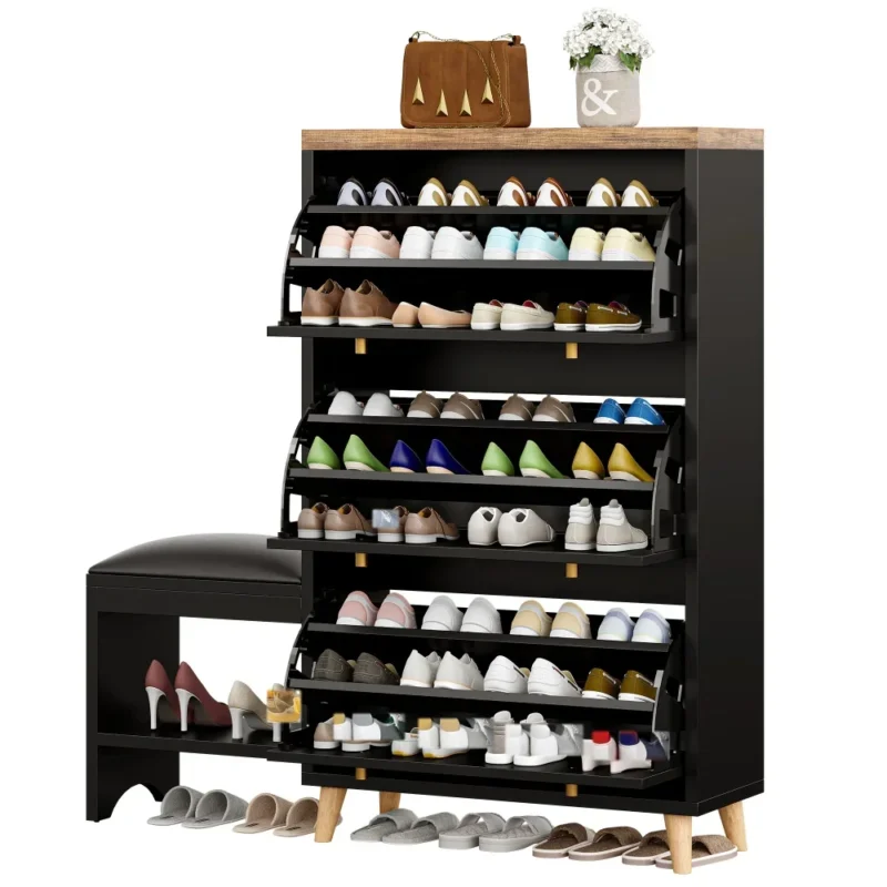 Modern Wooden Entryway Shoe Cabinet with Bench and 3 Flip Drawers for Hallway - Image 3