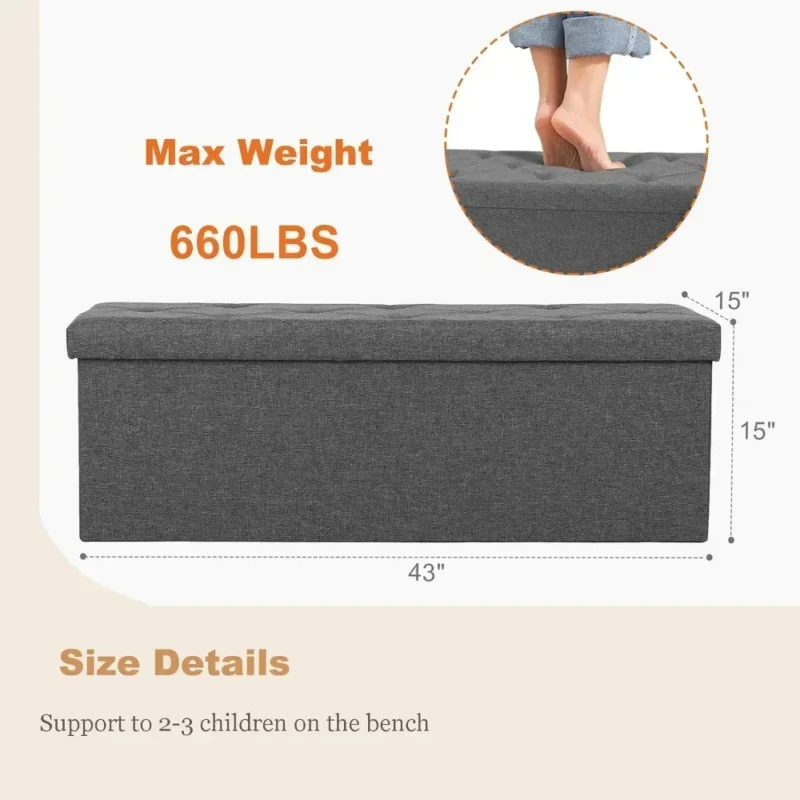 Modern Grey Fabric Storage Ottoman Bench with Large Capacity Hidden Storage for Living Room - Image 4