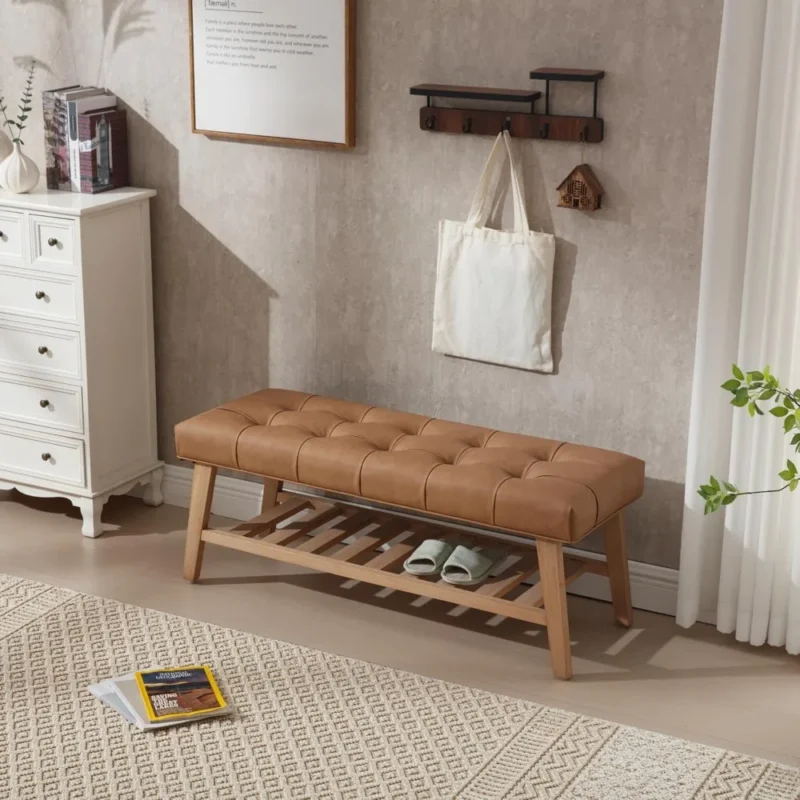 Modern Brown Leather Upholstered Entryway Bench with Shoe Storage for Living Room and Bedroom - Image 4