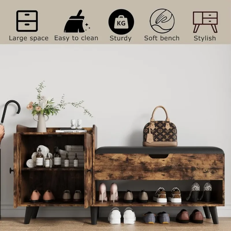 Modern Wooden Entryway Bench with Hidden Storage Cabinet and Shoe Shelf - Image 6