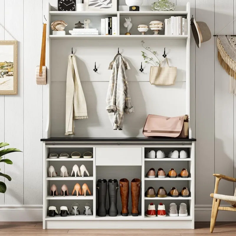 Industrial Hall Tree Bench with 5-in-1 Storage Solution for Entryway Organization - Image 2