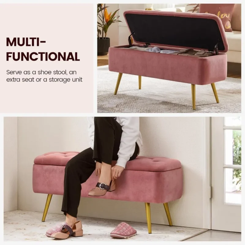 Luxurious Velvet Entryway Bench with Storage and Gold Legs for Living Room and Bedroom - Image 4