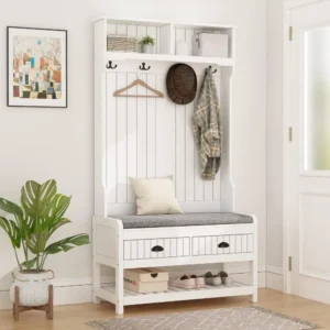 Modern White Hall Tree with Storage Bench and Coat Rack for Entryway