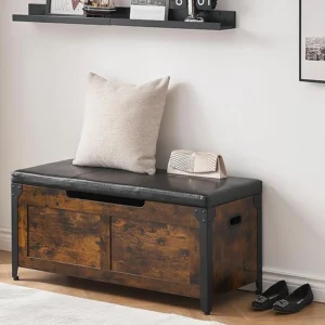 Industrial Wood Entryway Storage Bench with Cushion and Metal Frame