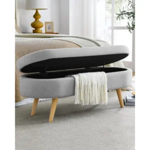 Modern Linen Upholstered Storage Bench with Wood Legs for Entryway and Living Room