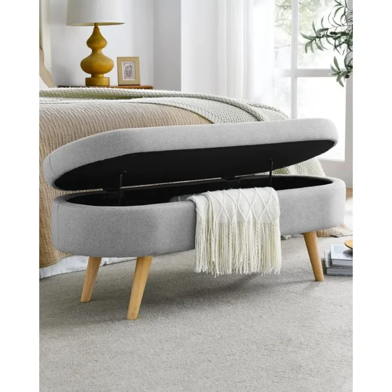 Modern Linen Upholstered Storage Bench with Wood Legs for Entryway and Living Room