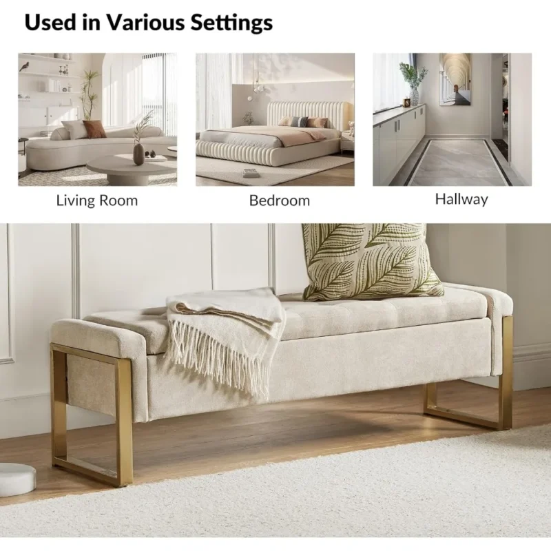 Modern Beige Upholstered Storage Ottoman Bench with Gold Legs for Bedroom and Entryway - Image 6