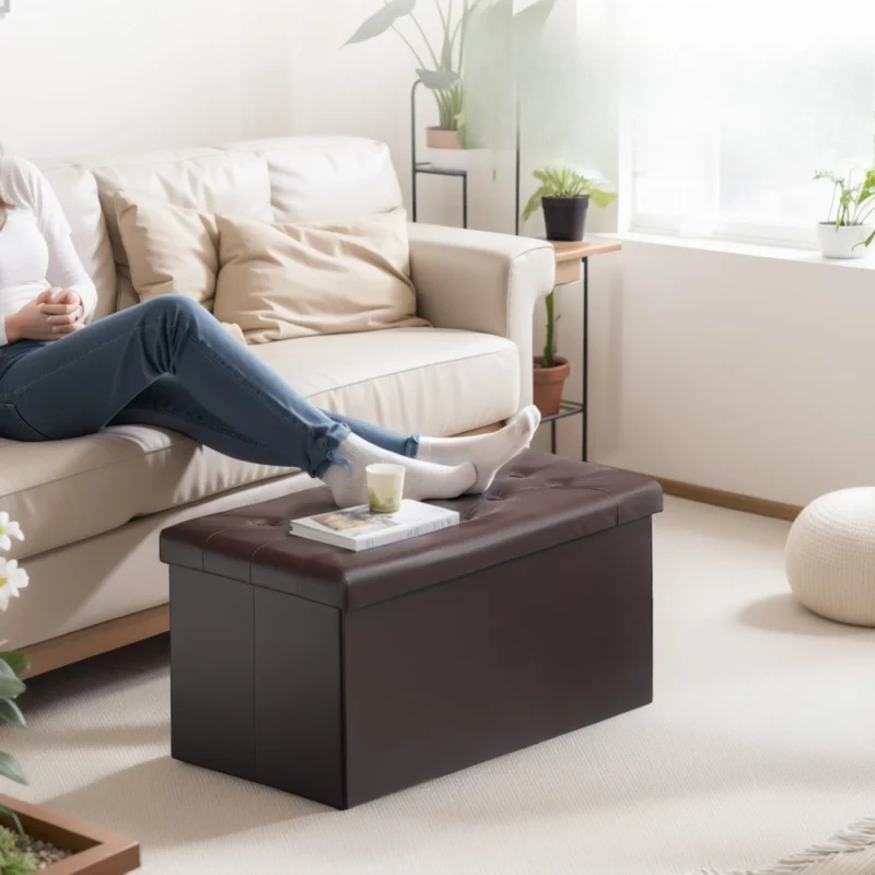 Modern Brown Folding Storage Ottoman Bench with Padded Seat for Living Room - Image 5