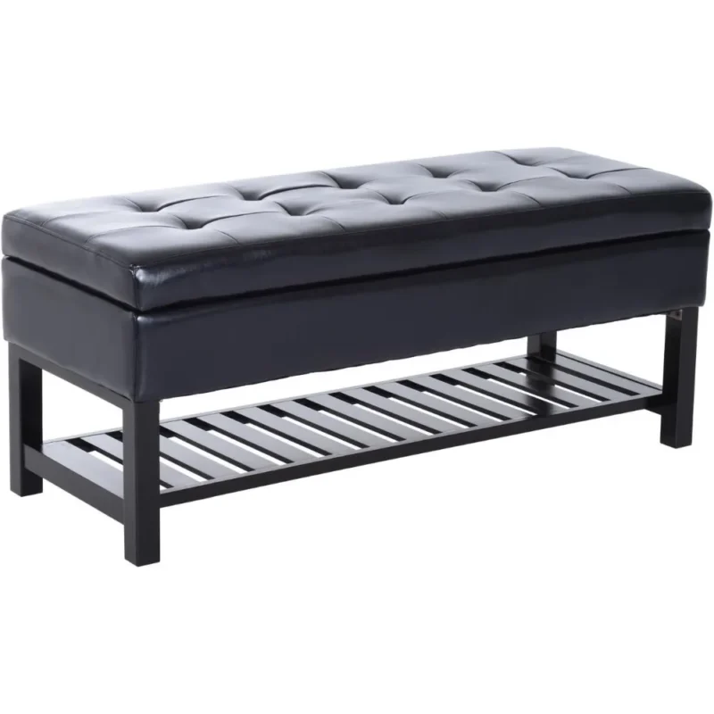 Modern Black Faux Leather Storage Ottoman Bench with Shoe Rack for Entryway