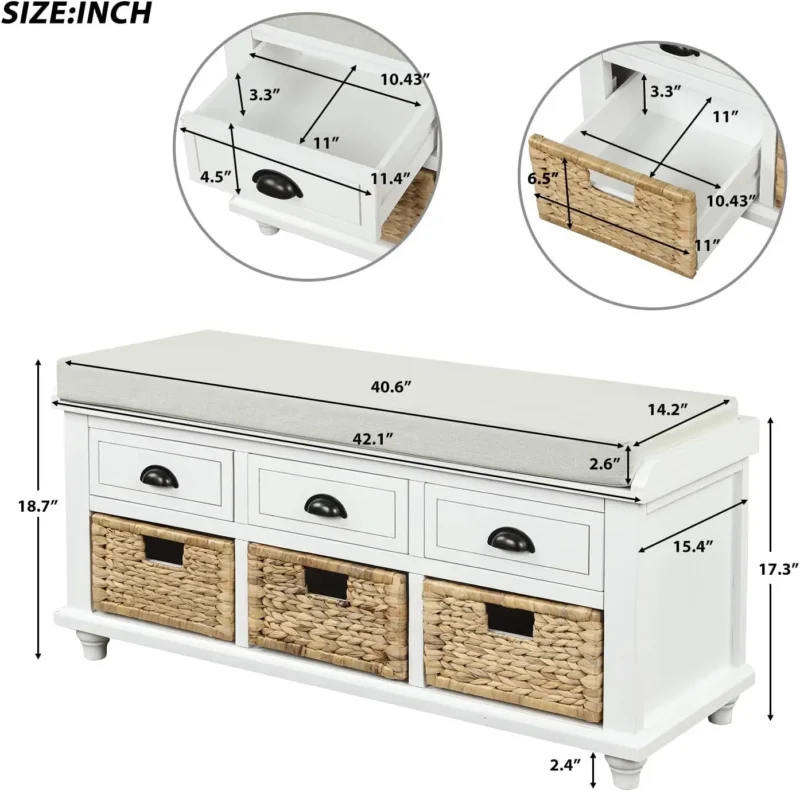 Modern Storage Bench with Drawers, Baskets and Cushion for Entryway and Bedroom - Image 2