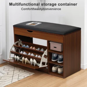 Modern Wooden Shoe Storage Bench with Cushion for Entryway and Hallway