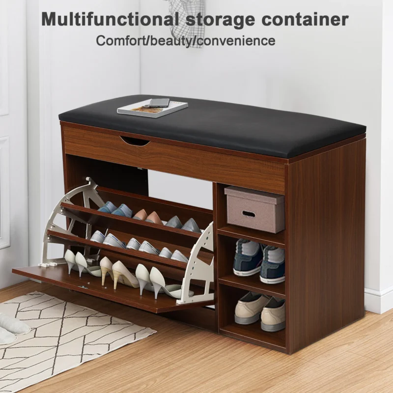Modern Wooden Shoe Storage Bench with Cushion for Entryway and Hallway